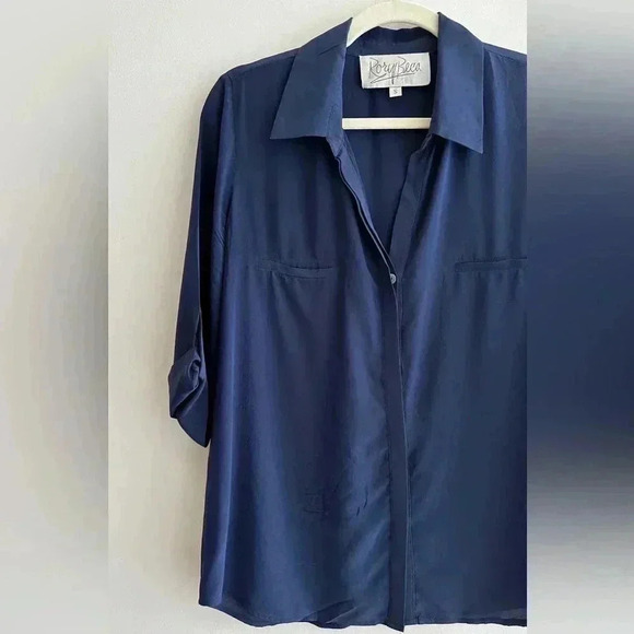 Rory Beca 100% Silk Camp Double Breast Pocket Button Down Shirt, Navy Blue - Picture 2 of 16